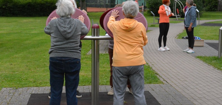 Senioren an Fitnessgeräten im Park